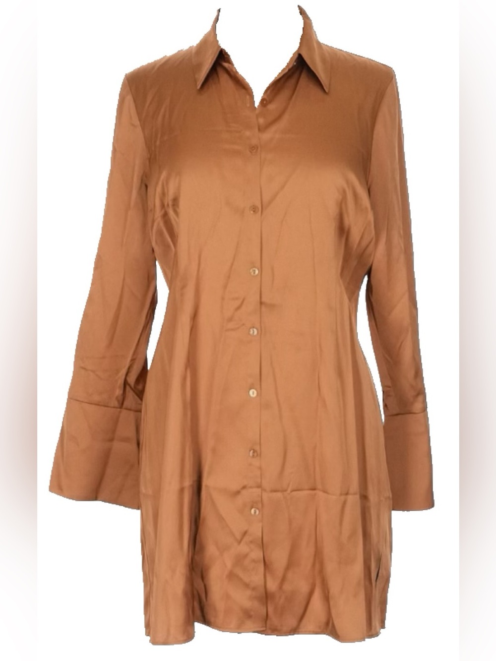 Abercrombie & Fitch Camel Long Sleeve Satin Button Front Shirtdress